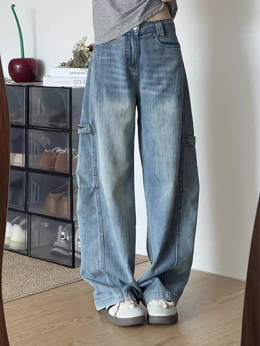 High Waist Straight Leg American Style Workwear Jeans Women's plus Size Loose Fit Spring Fashion Slimming Wide Leg Pants 260922