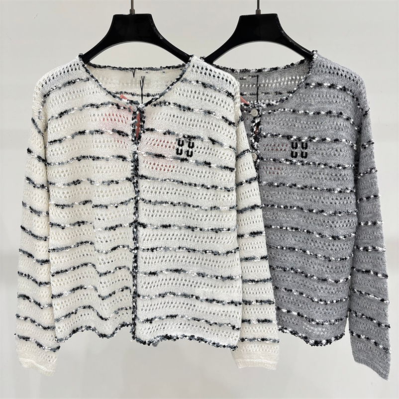Ladies Fancy Yarn Stripe Knit Cardigan Designer Long Sleeve Single Breasted Knit Top Spring Autumn Elegant Lightweight Hollow Knit Jacket