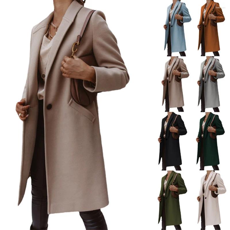 Wish Autumn And Winter Solid Color Lapel Mid-Length Button Woolen Coat For Women