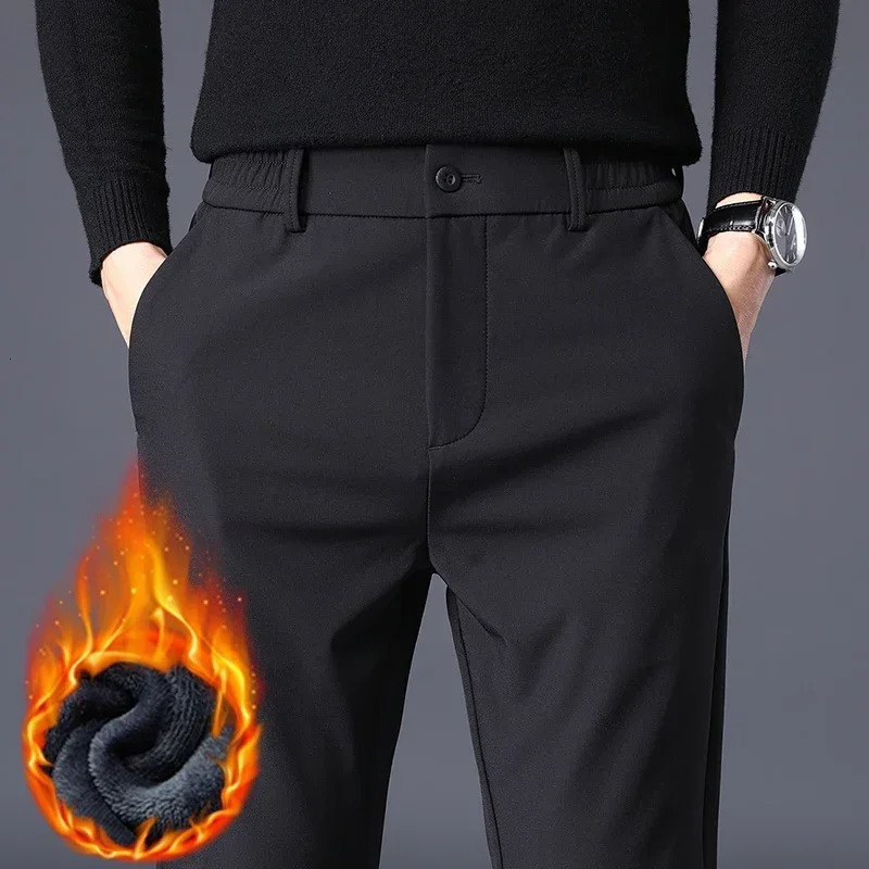 Winter Warm Fleece Mens Business Casual Pants Stretch Slim Fashion Korean Thermal Trousers Classic Simple Male Plush Clothes 260923