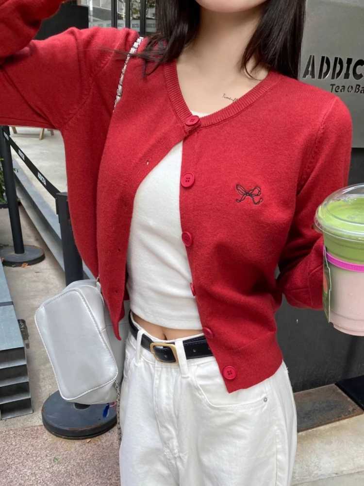 Women's Sweaters zjaiss Lazy Fit Long Sleeve Sweater 2026 Autumn Winter Red Embroidered Knit Women Cardigan Outerwear Casual Cover Up H260923
