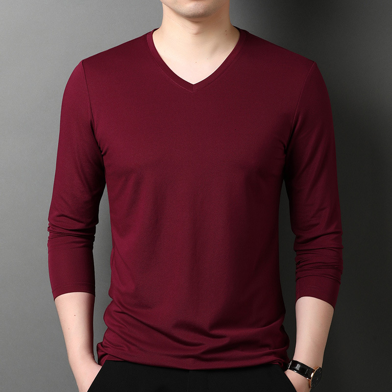 Wholesale wine-red V-neck long-sleeved T-sh for men, spring/autumn style, 2022 new collection, ice silk fabric, thin summer version, plus size, base