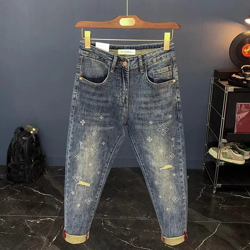 Men Jeans Luxury Brand Designer Clothes 2026 New Men's Jeans Spring Summer Slim Fit trousers Skinny High End Stretch Blue Printed Ripped Croppe