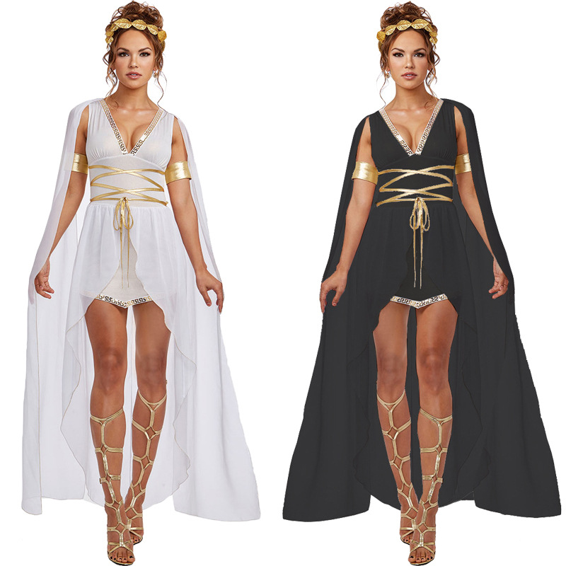 Costume de déesse grecque d'Halloween pour femme, robe toge romaine blanche et noire, bandeau, manchettes, tenue de cosplay pour adulte, tenue se