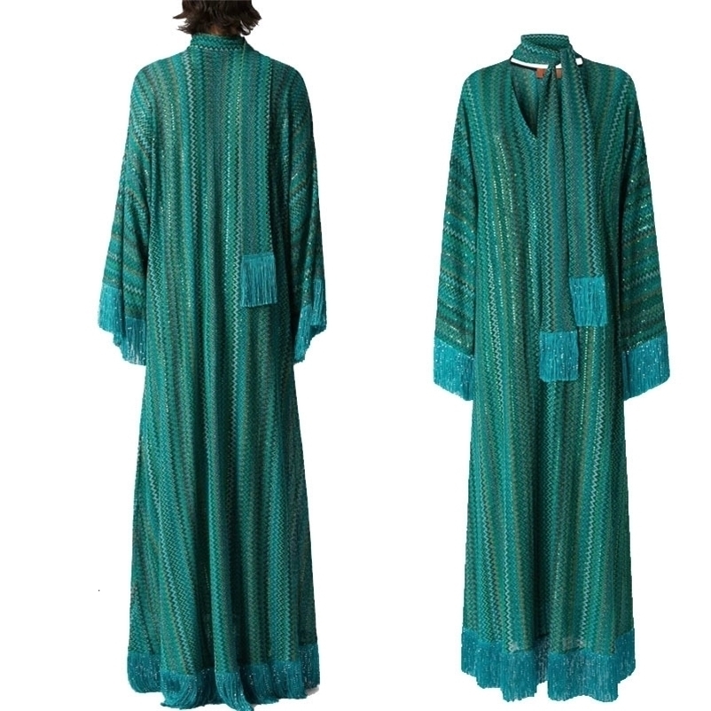 Elegant Tassel Hem Long Dress Women Loose V-neck Full Sleeve Scarf Dresses 2025 Autumn Party Evening ious Lady Robe 260922