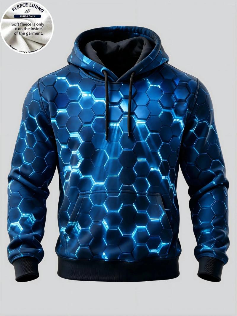 Sudadera con capucha con forro polar para hombre, jersey con estampado geométrico hexagonal azul 3D, sudadera con capucha, Top informal de manga lar
