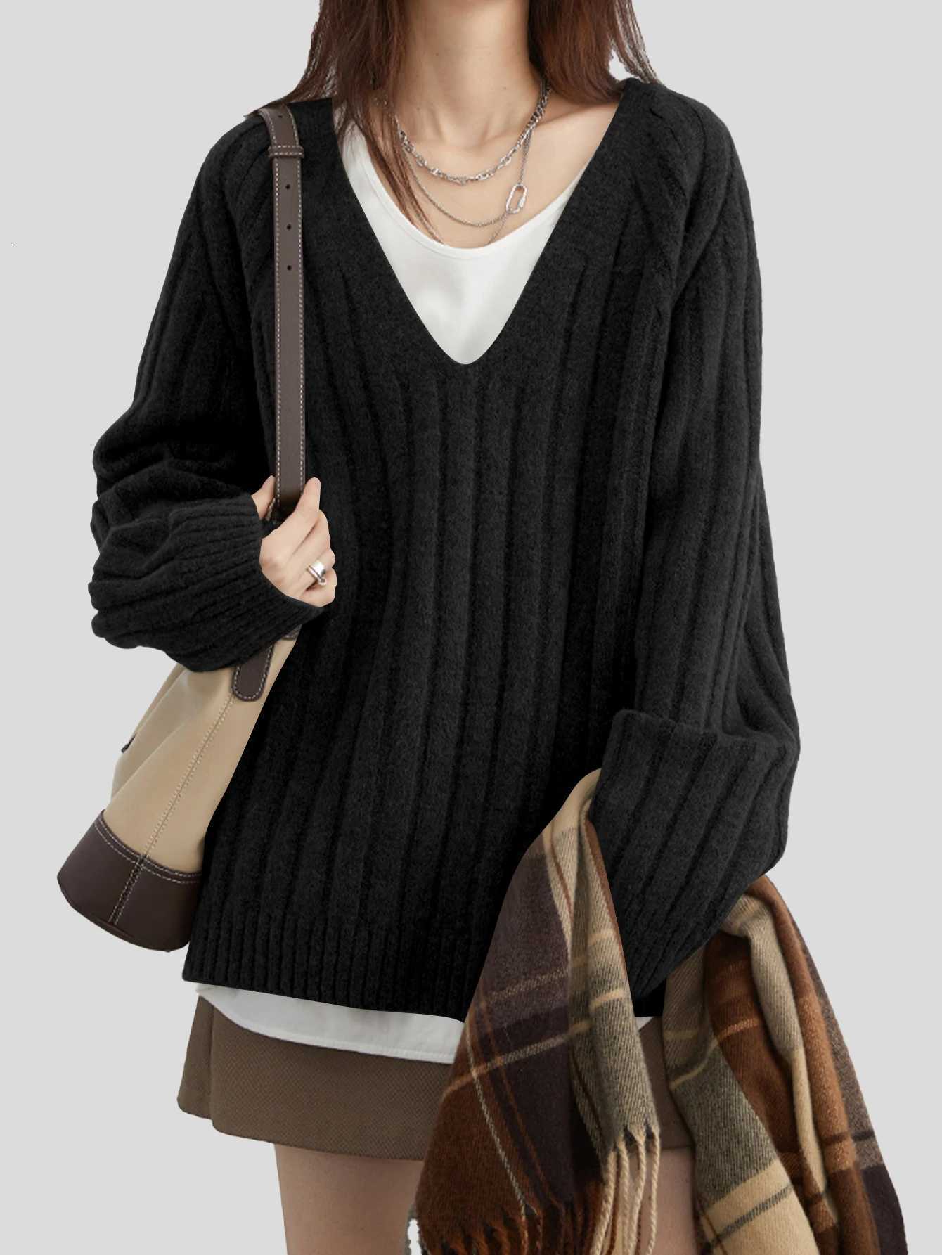 Women's Sweaters Women's Long Sleeve Casual V Neck Knitted Pullovers Ribbed Solid Color Sweater H260923