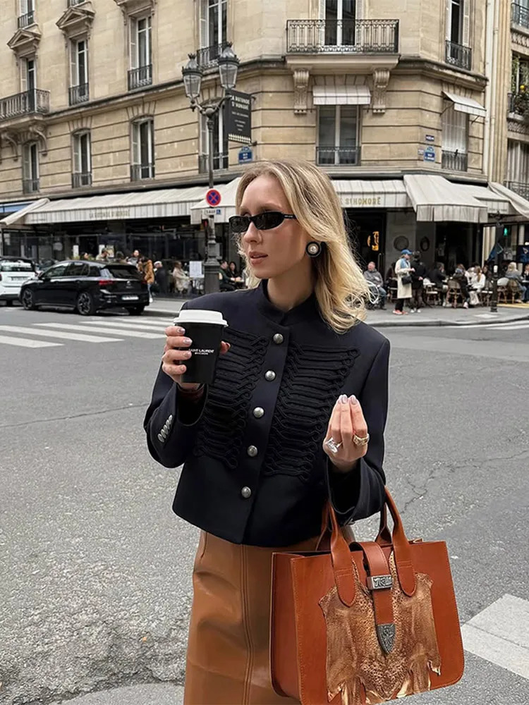 Women's Black Cropped Blazer Stand Collar Button Front Long Sleeve Slim Coat 2026 Spring Casual Daily Fashion Lady Outerwear 260922