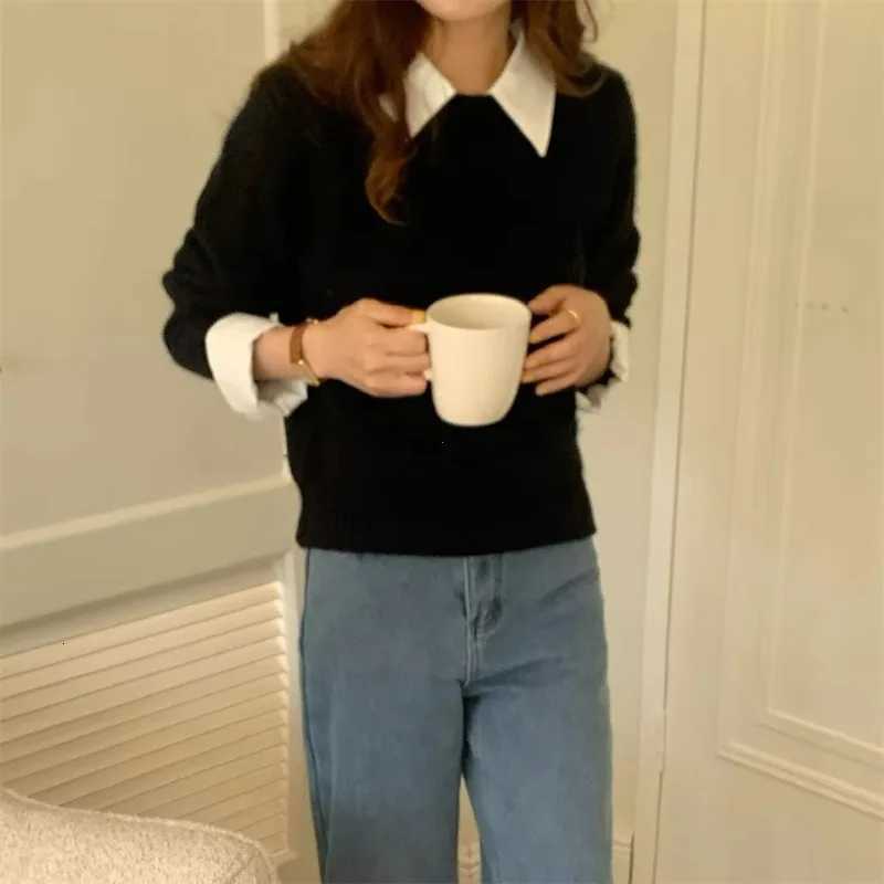 Women's Sweaters 2024 New Patchwork Shirt Collar Knit Sweater Autumn and Winter Bottoming Shirt Temperament Fake Two Pieces Top Pullover D26092