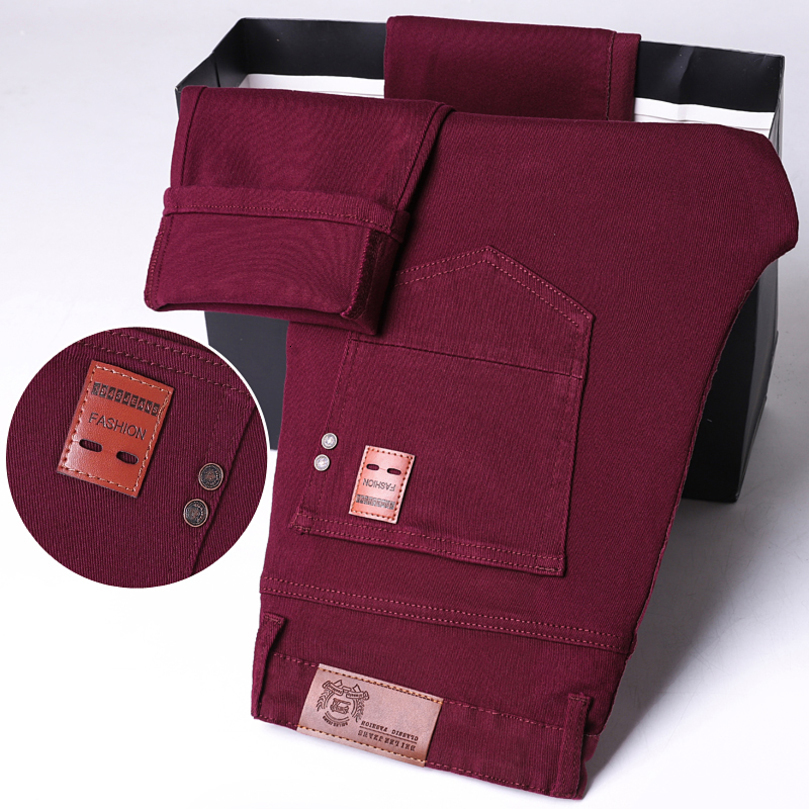 Fuchsia Elastic Slim Jeans Mens Spring Comfortable Business Casual Straight Trousers Fashion Korean Solid Color Denim Pants 260908