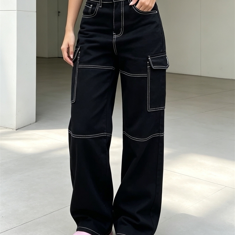 Women's High Waist Black Cargo Jeans Contrast Stitch Wide Leg Denim Pants with Multiple Pockets Casual 260922