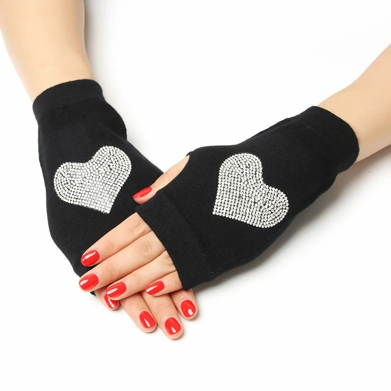 1 Pair Rhinestone Fingerless Gloves CUte Cartoon Animals Pattern Women Men Black Knitted Half Finger Gothic Warm Winter Mittens 260923