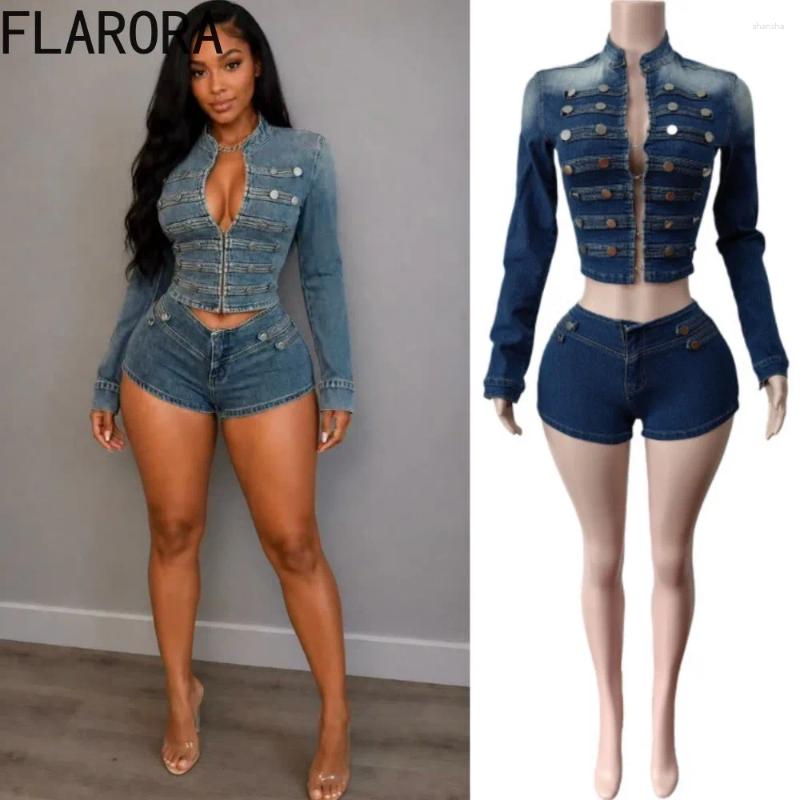 Trend Button Decorate Denim 2 Piece Sets Woman Stand Collar Single-breasted Full Sleeve Crop Jackets Shorts Street Suits