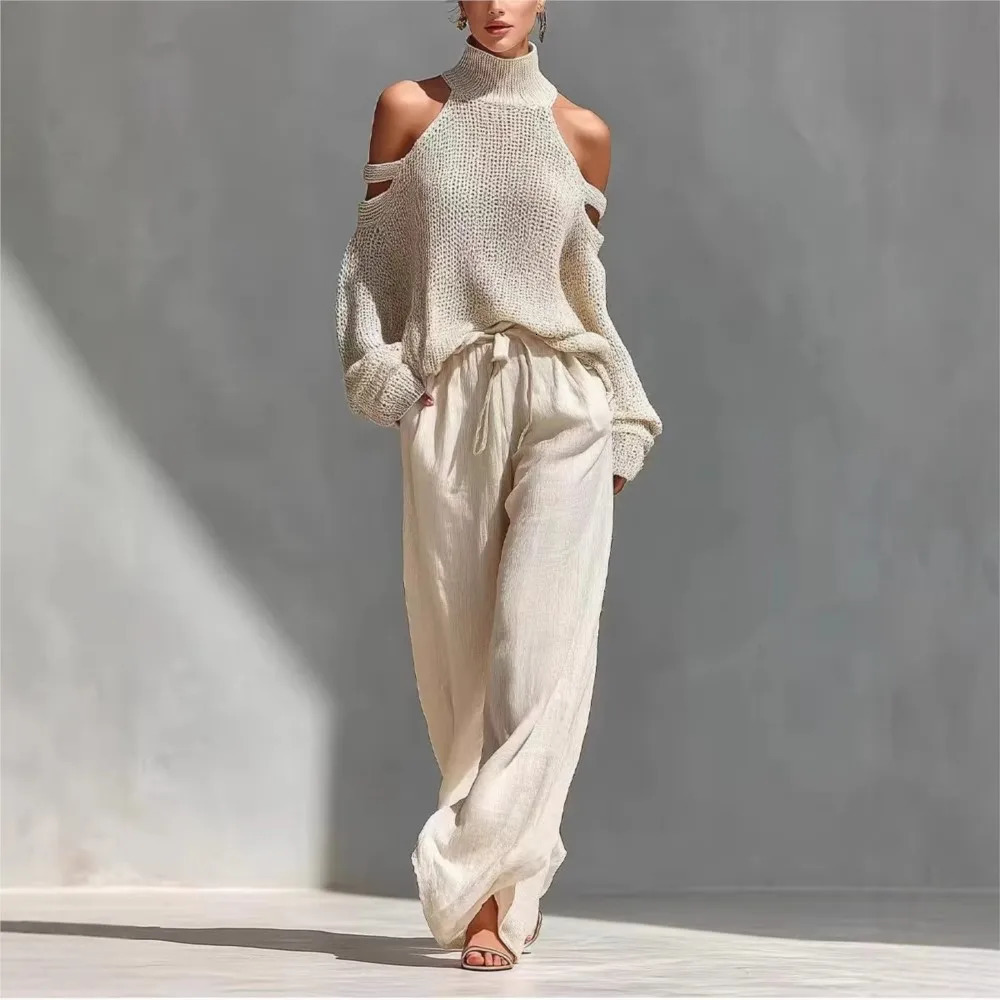 Fashion High Collar Sexy Hollow Off-shoulder Women's Knitted Tops 2-piece Set Spring Casual Loose Wide-leg Trousers Female Suit 260923