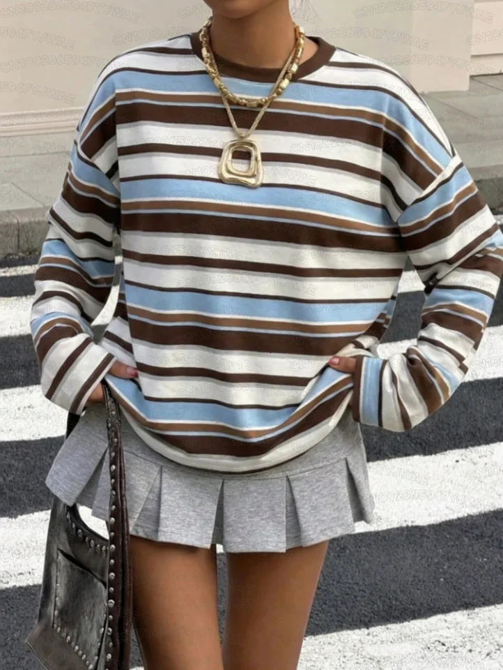 Spring And Autumn Women's Men's Casual Stripe Pattern Plus Size Retro American Style T-shirt Round Neck Long Sleeve T-Shirt 260921