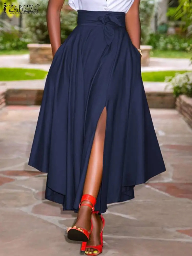 ZANZEA Summer Women Party Split Sundress Stylish Irregular Skirts High Waist Maxi Vestidos Solid Robe Saia Holiday Faldas 260923