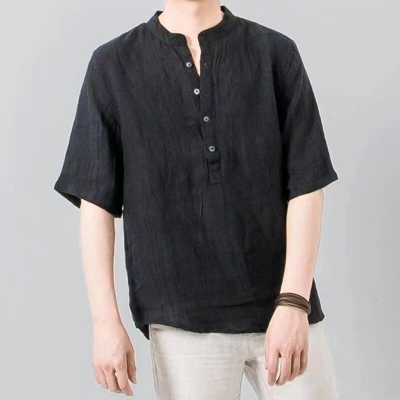 High quality Summer lightweight linen short-sleeve T-shirt for men, casual stand-up collar pullover shirt, Chinese style, large size, vintage cotton