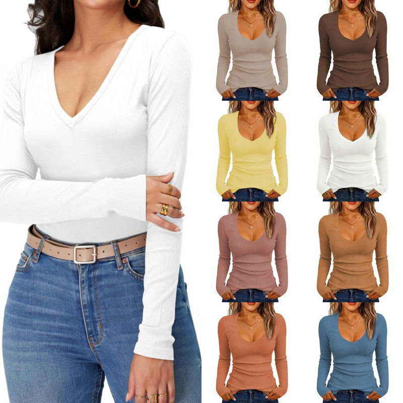 Designer iGENJUN Women's Long-Sleeve V-Neck Shirt Suitable for Business Casual Work, Knitted Slim-Fit Autumn