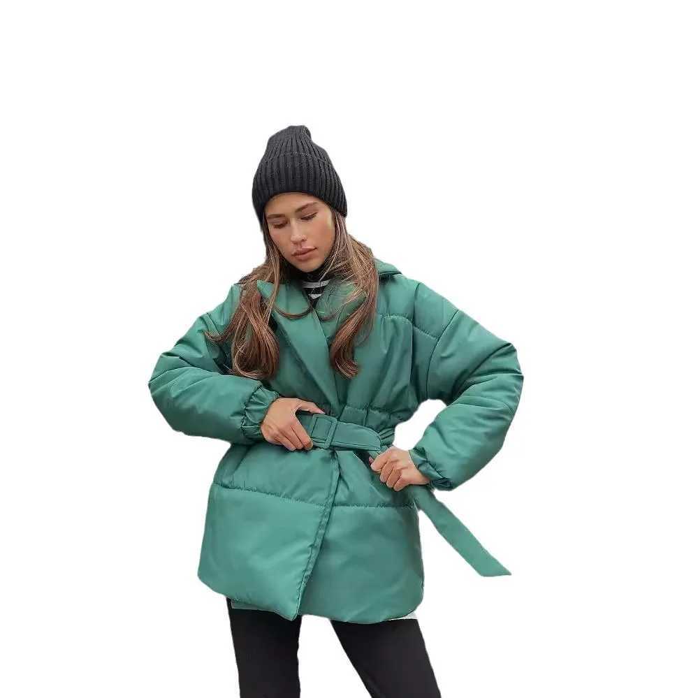 2024 Winter Thickened Cotton Jacket Women's Pure Color Coat Slimming Waist Design European Style Fashionable Casual Outerwear M260922
