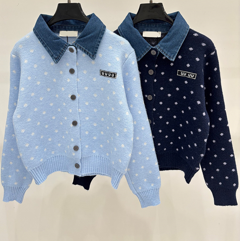 Preppy Style Polka Dot Knit Cardigan For Women Designer Chic Panelled Denim Lapel Collar Cropped Button Sweater Autumn Elegant Party Birthday Cute K