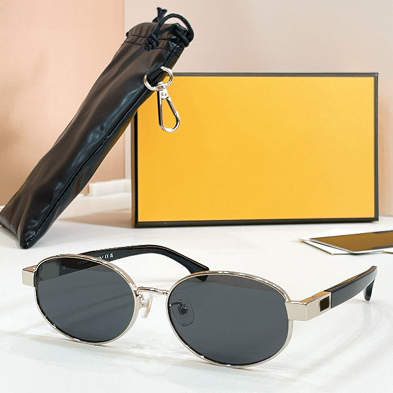 Oval Sunglasses FE40217U Silver Metal Frame Women Eyeglasses Black Lenses Retro Trench Coat Denim Men Eyewear UVAUVB Protection