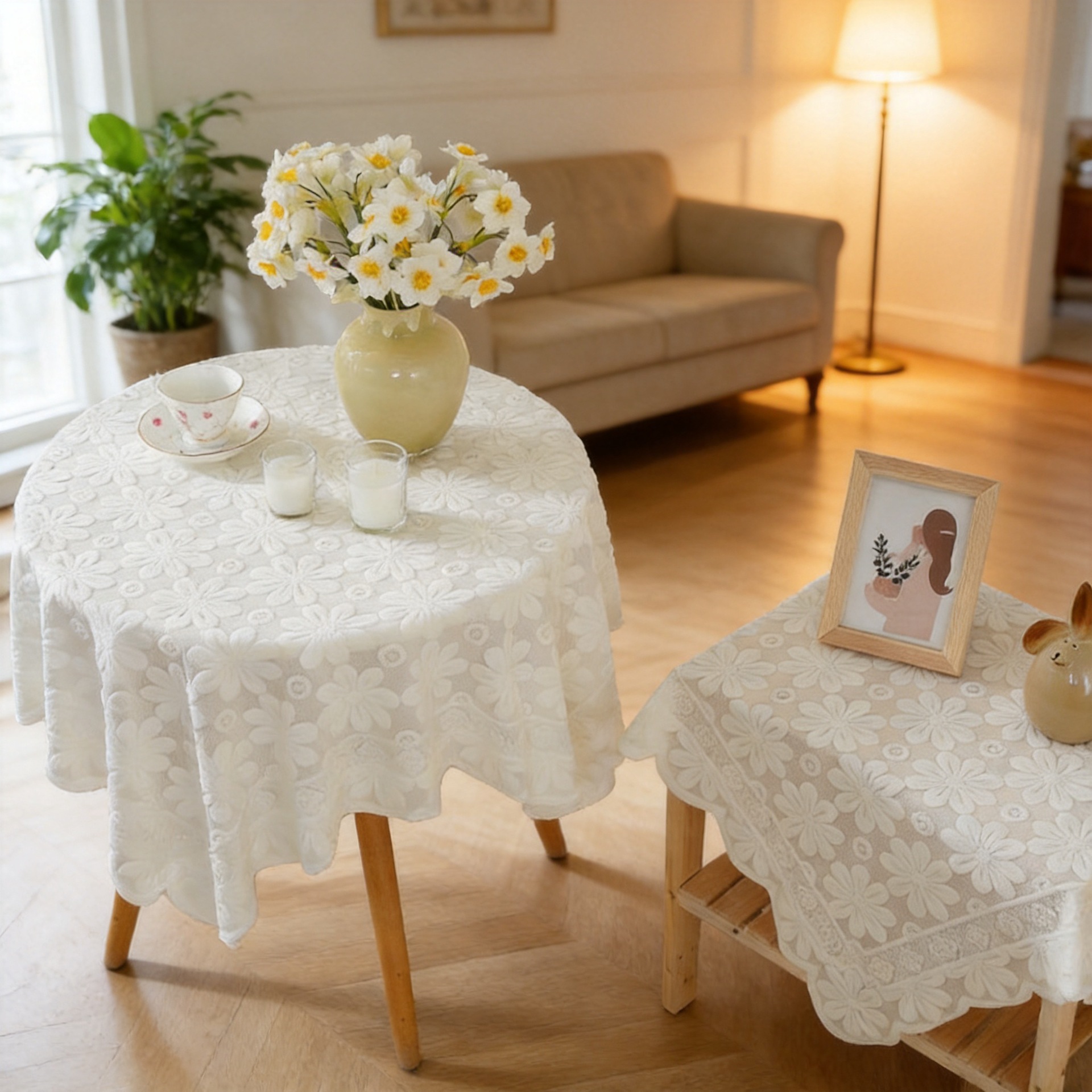 Nappe en dentelle blanche pour tables rondes et carrées vintage, tables basses, tables de chevet, canapés et housses anti-poussière pour réfrigér