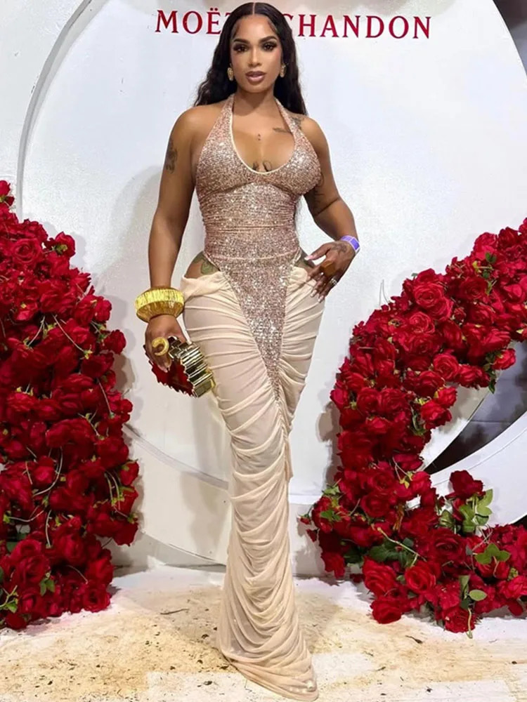 Sexy Glitter Sequins Party Evening Dresses Women y Celebrity Sheer Mesh Patchwork Cut Out Formal Ruched Bodycon Maxi Dress 260922