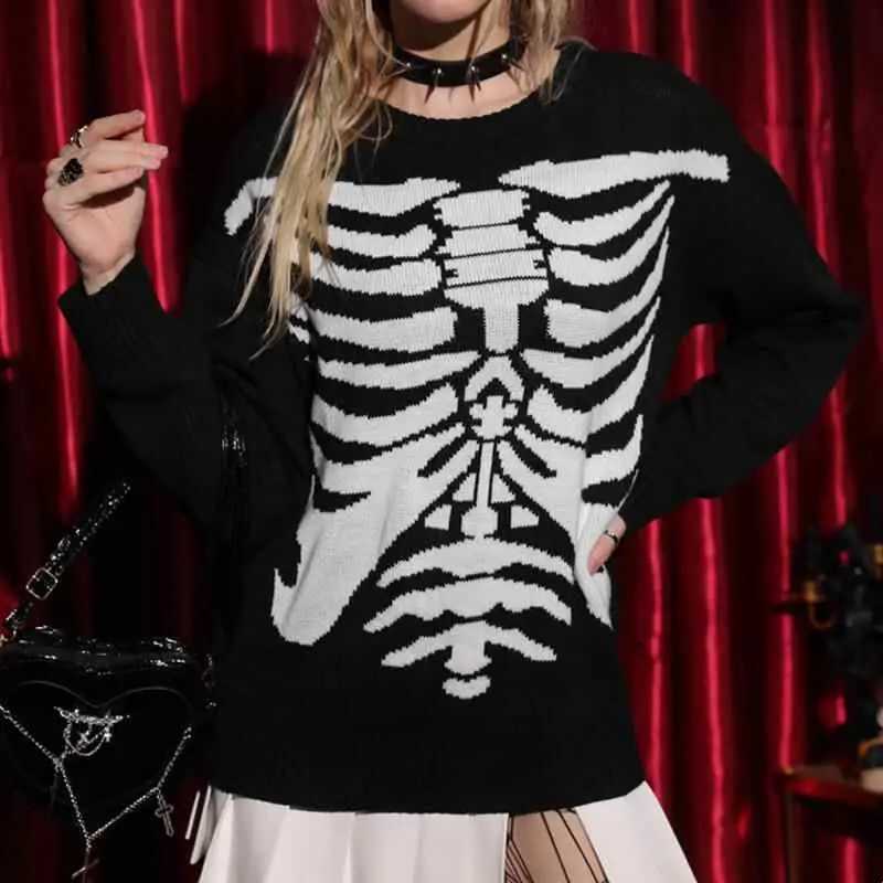 Women's Sweaters Halloween Knitted Sweater Women's Cleanfit Loose Style Long Sleeve Ultra Thin Pullover Skeleton Spider Patterned H260923