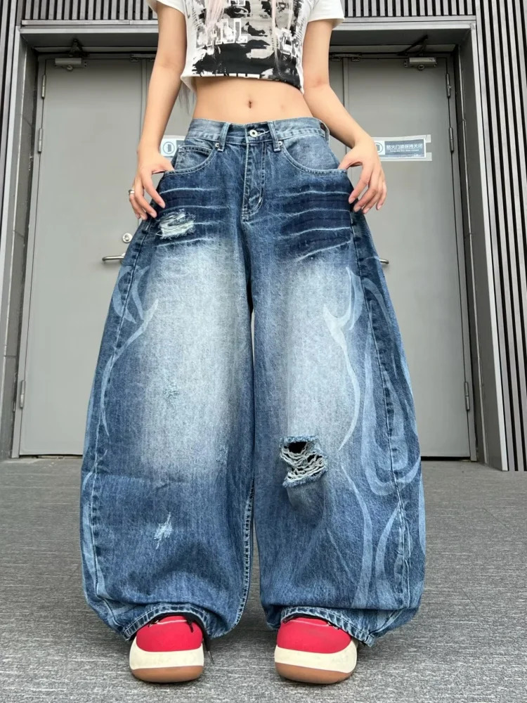American Retro Y2K Streetwear Washed Blue Baggy Women's Ripped Jeans Pants For Woman Clothing Wide Leg Loose Denim Trousers 260922