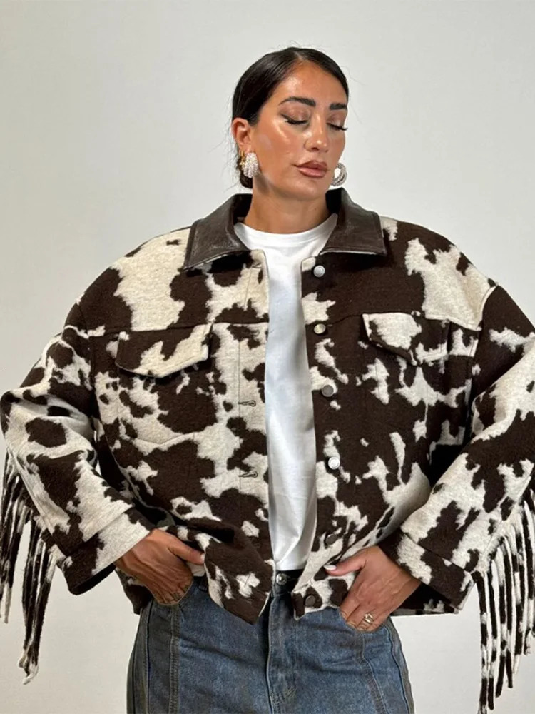 Women Fashion Cow Print Tassel Short Coat Casual Long Sleeve Lapel V-neck Single Breasted Jacket 2026 Lady Spring Autumn Outwear 260923