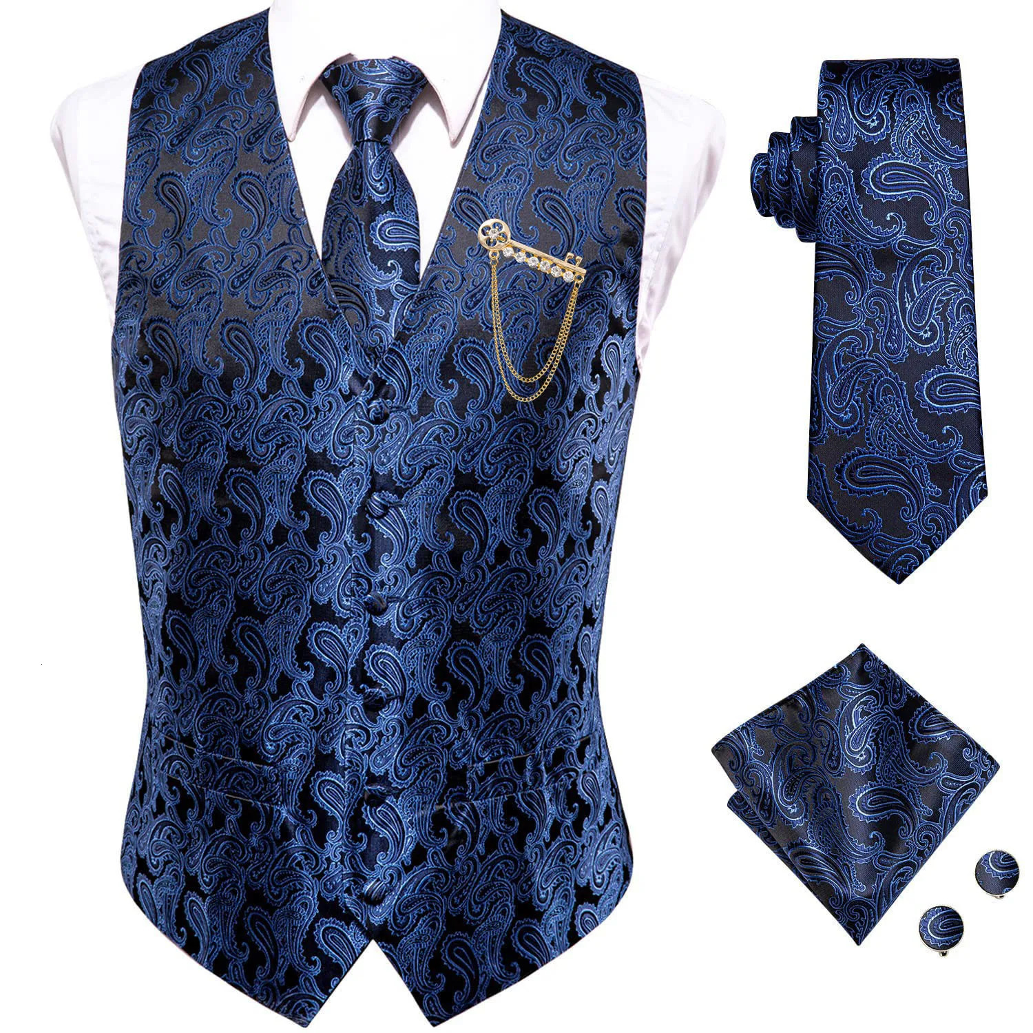 Navy Blue Vest for Men Classic Paisley Jacquard Male V-Neck Waistcoat Wedding Formal Jacket Business ner Party Hi-Tie 260921