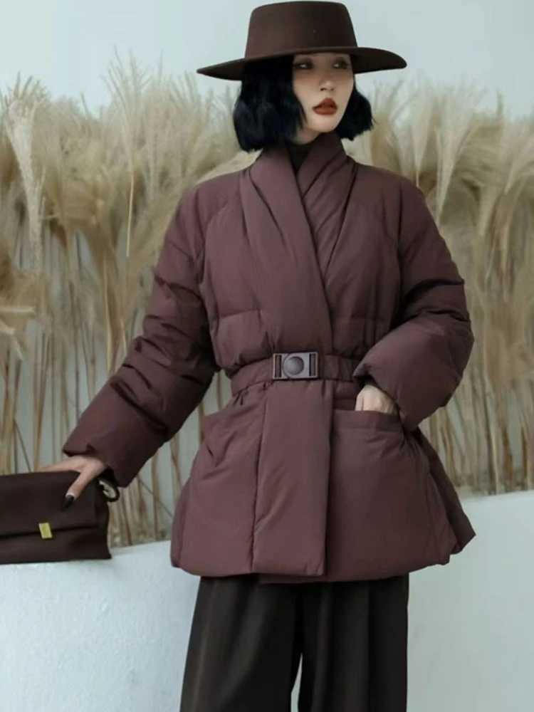 2025 New Down Jacket Winter Belt Waist-Tight Elegant Warm 90% White Duck Puffer Coat Female Mid-Length Solid Color V-Neck Parkas M260922