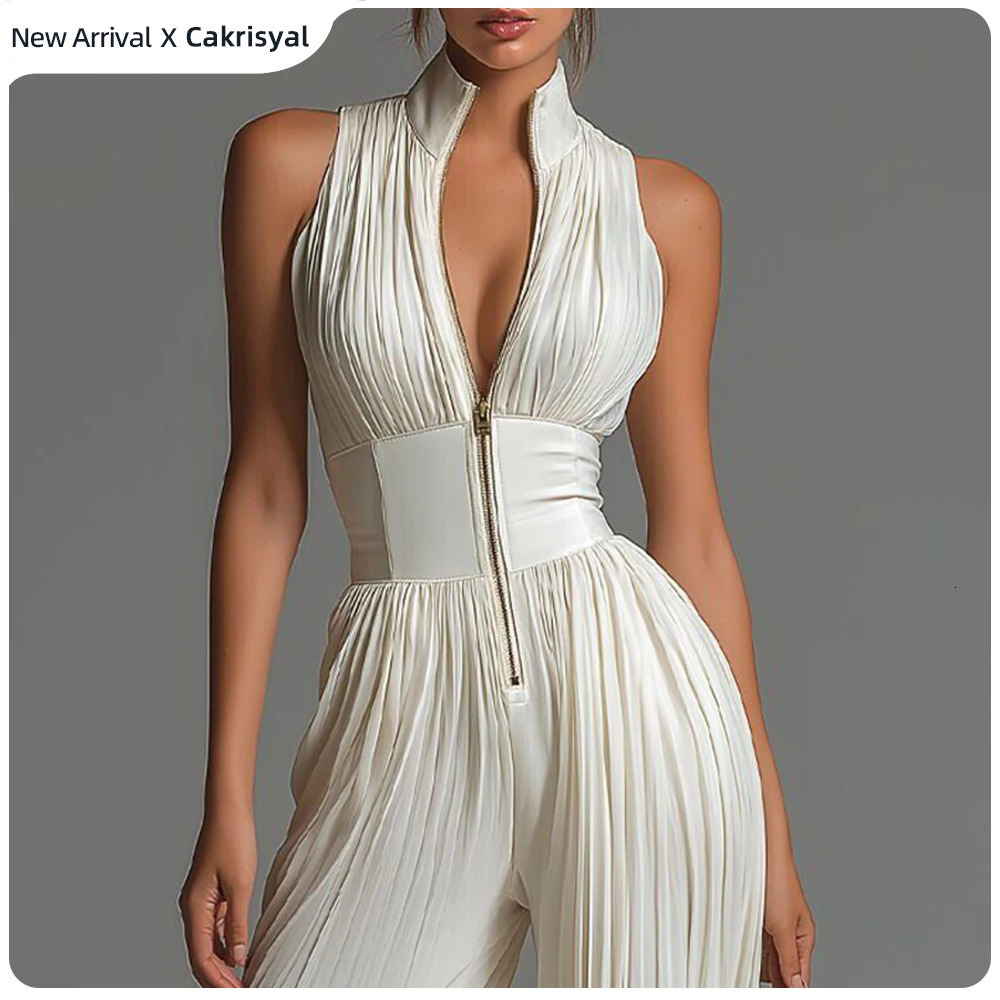 Tuta elegante a pieghe da donna senza maniche colletto alla coreana cerniera scollo a V vita alta pagliaccetto gamba larga abito da festa tuta moda