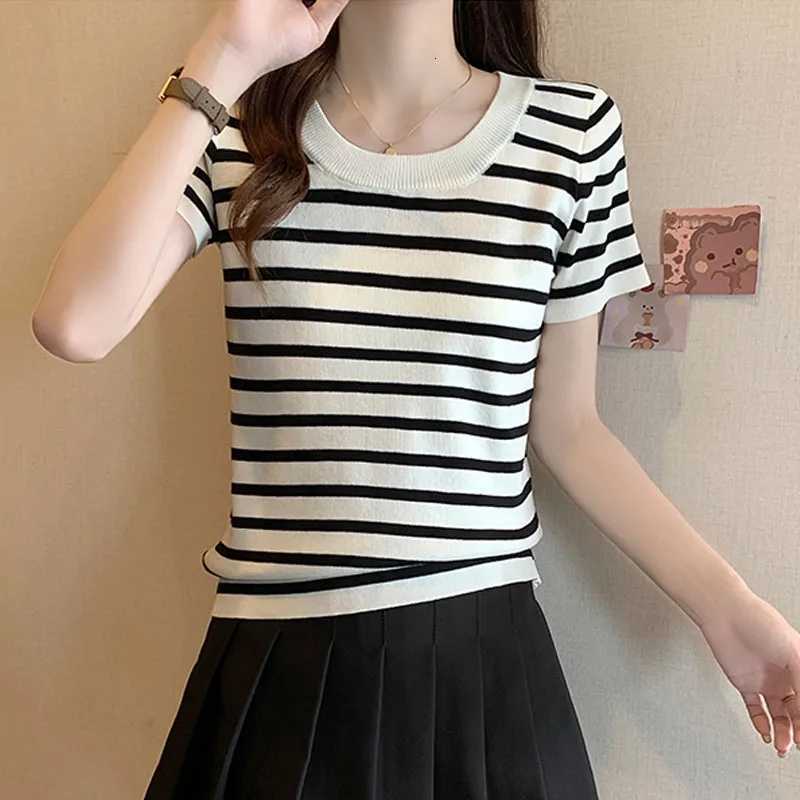 Women's Sweaters Sweaters Striped Knitted Sweater Women Pullovers Sueter Feminino New Short Sleeve O-Neck Knit Sweater Pullover Women Tops Q225