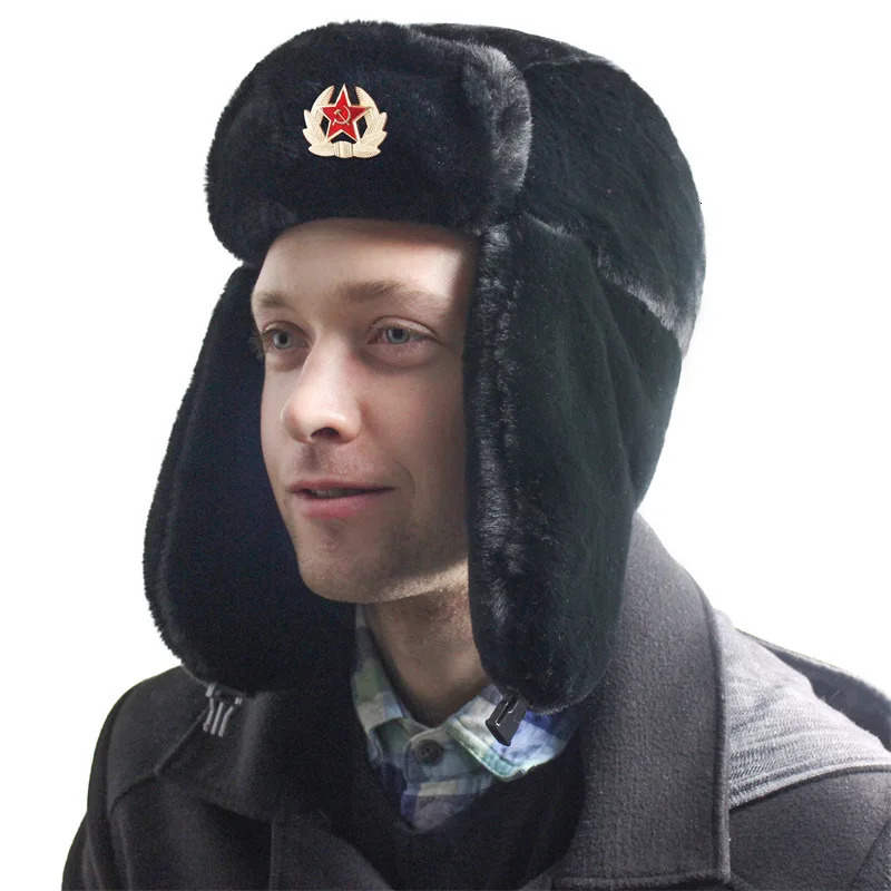 Soviet Army Military Badge Russia Ushanka Bomber Hats Pilot Trapper trooper Hat Winter Faux Rabbit Fur Earflap Men Snow Caps 260910