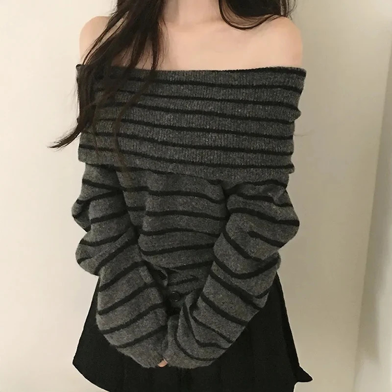 Off Shoulder Sweater Long Sleeve Button Knitted Top with Open Shoulder Off-the-Shoulder Pullovers Elegant Fashion Fall Winter 260918
