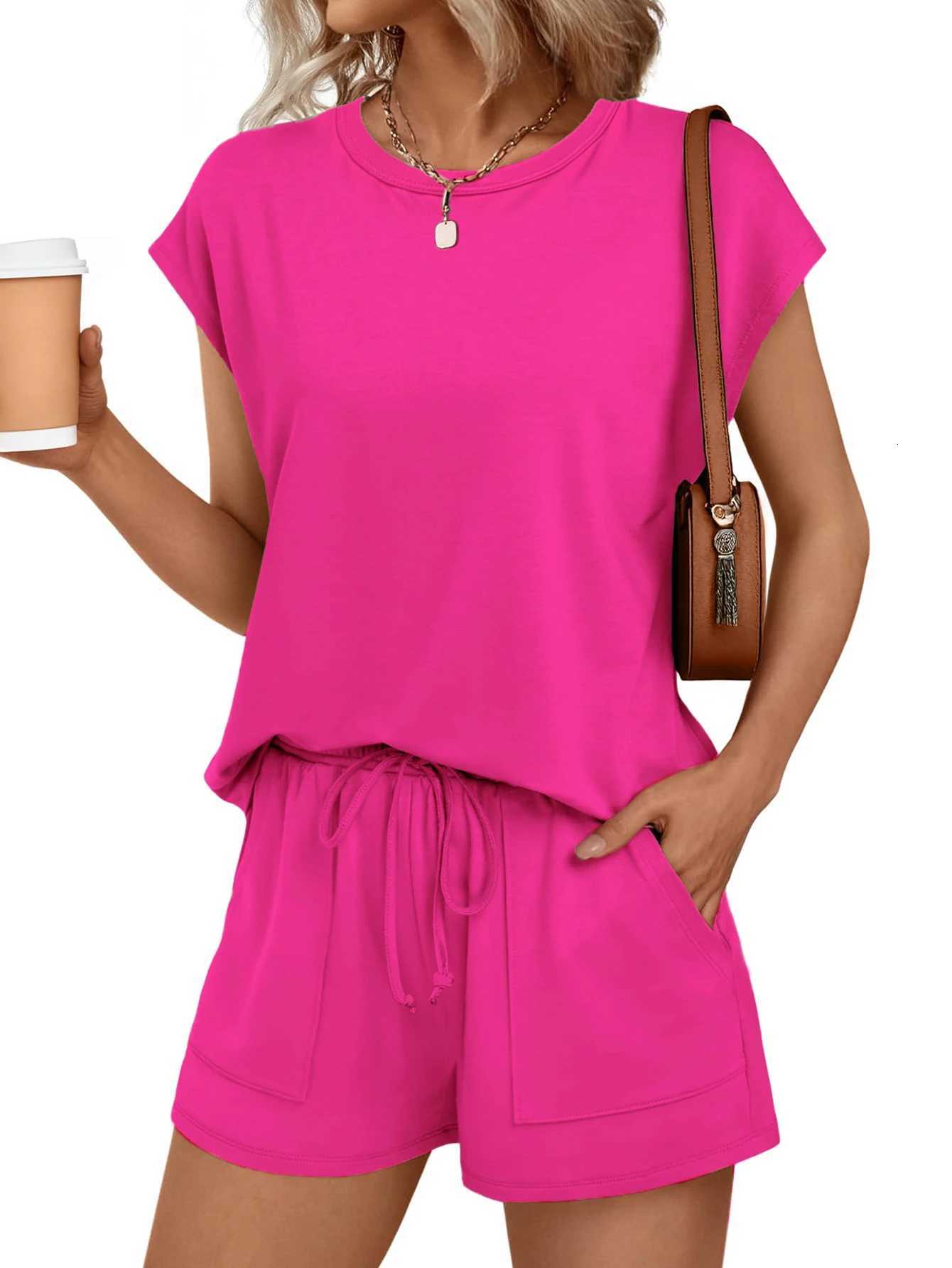 Women's Sleep Lounge 2-Piece Set of Women's Spring and Autumn Pajamas Simple Solid Color with Pockets Comfortable Short-Sleeve and Shorts