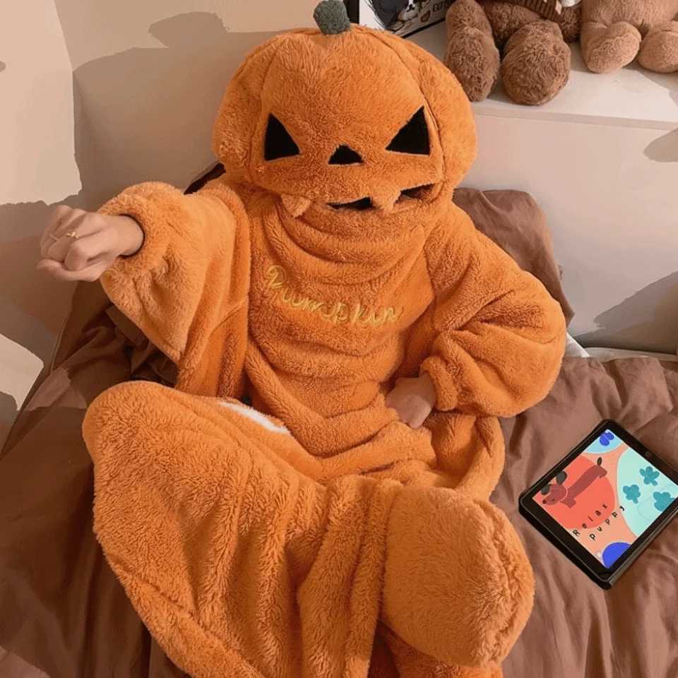 Lounge Women's Sleep Warm Pumpkin Integrated Pajamas Funny Frog Soft Cartoon Animal Sleepwear Thick Coral Fleece Thickened Lined Cosplay Costum