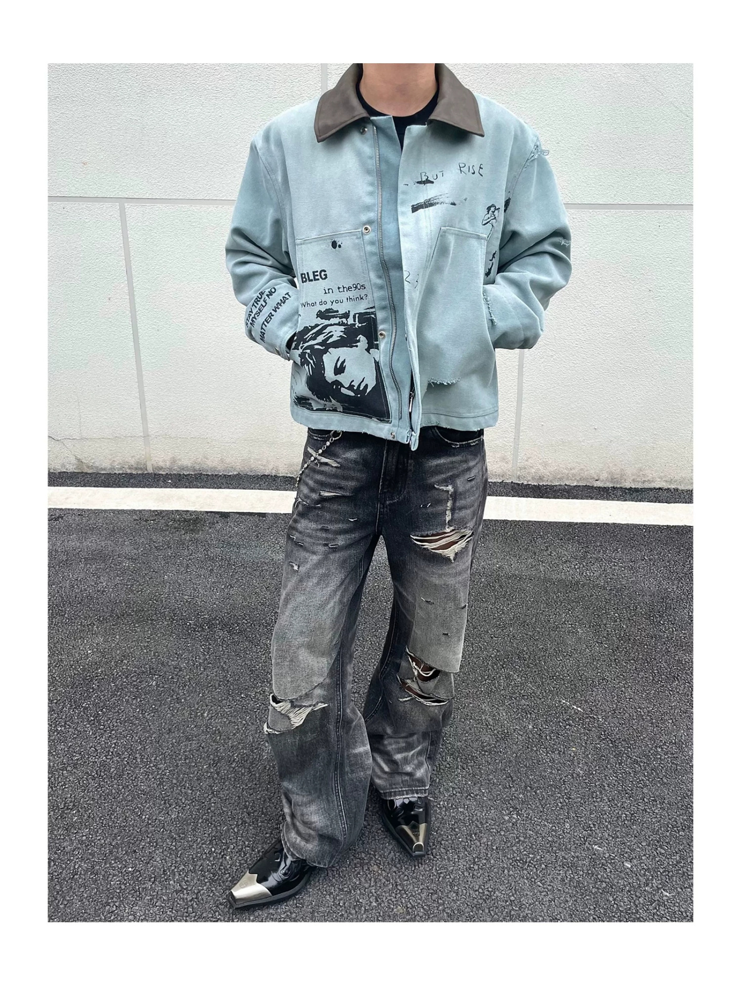 American retro distressed portrait print Detroit denim jacket, unisex, vintage street style, versatile jacket