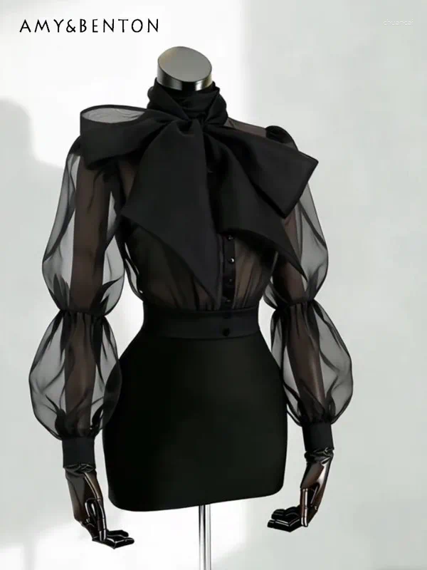 Women French Sexy Black Bow Shirt Skirt Set Autumn High Neck Sheer Sleeve Blouse Slim Bodycon Mini Two Piece Outfit