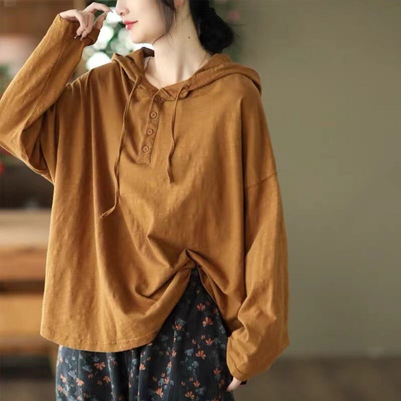 Johnature Women Vintage Hooded Solid Color Long Sleeve Cotton Blend Tees 2025 Spring New Button Casual Loose T-Shirts