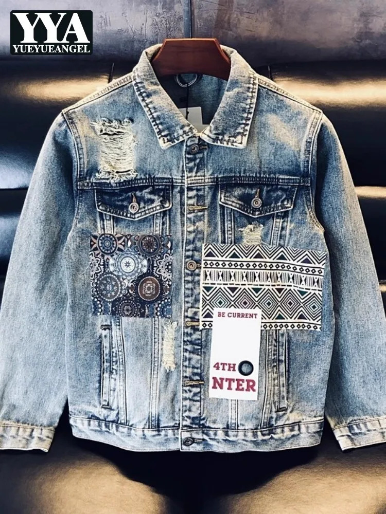Mens Casual Denim Jacket Chinese Style Printed Patchwork Loose Fit Fashion Outerwear Harajuku Streetwear Single Breasted Coat 260921