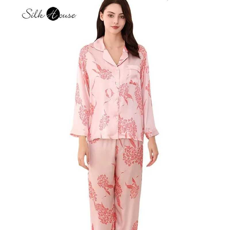 Women's Sleep Lounge 2024 Women's Fashion Spring/Autumn New 100% Natural Mulberry Silk Printed Long Sleeve Home Clothing Pajamas Two Piece