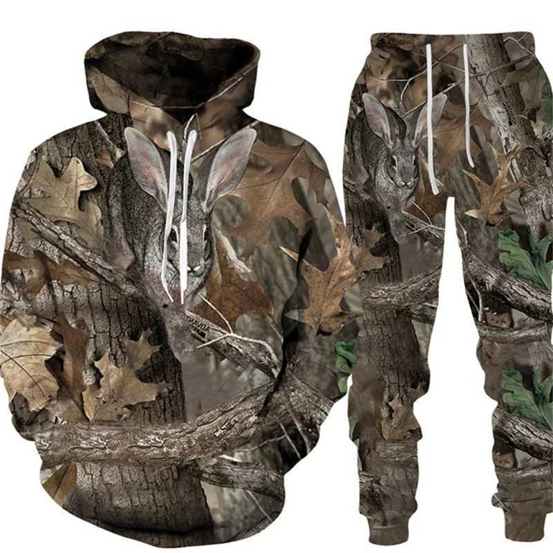 New Camouflage Hunting Animal Rabbit Hoodie Pant Suits 3D Print Men's Hooded Sweatshirts Outfit Tracksuit 2pcs Sets Men Clothing T260924