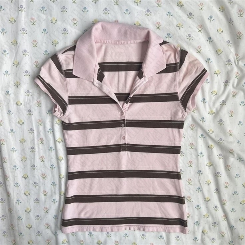 Stripes Maiden Chic Vintage Sweet Clothing Y2K Elegant Woman Tshirts Cute Slim Aesthetic Polo Tops Classic Harajuku Fashion Tee 260907