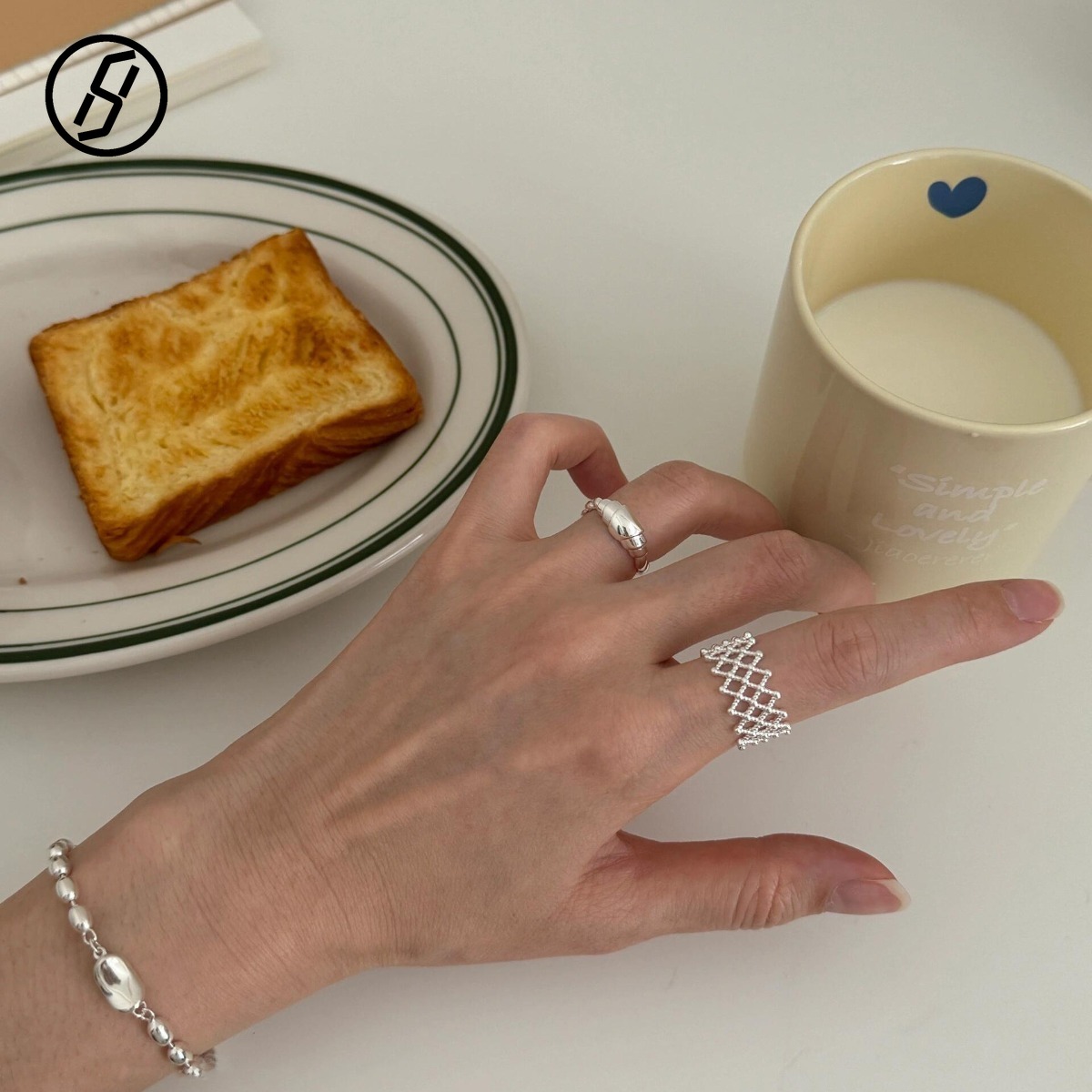 2026 New S925 Sterling Silver French Croissant Ring Beaded Lattice Mesh Open Adjustable Statement Ring for Women Hypoallergenic Designer Ring Wholes