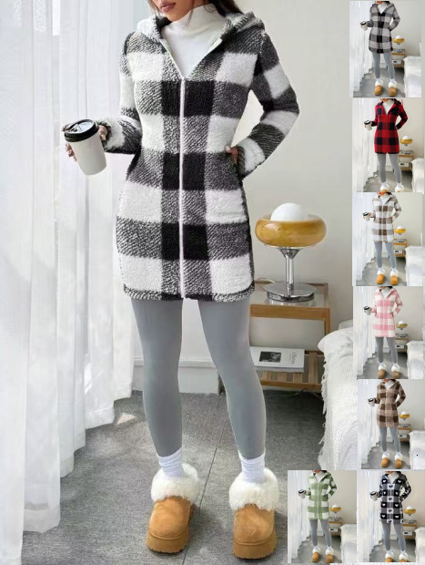 Women Plaid Print Double Sided Zip Up Cardigan Long Plush Coat For Autumn Winter Daily Commute Dating Party Soft Cozy Trendy Versatile Ladies Casual