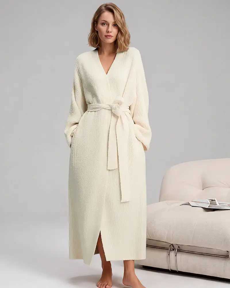 Lounge Pigiama da donna in pile lungo in peluche da donna Pigiama in flanella double face Avvolgente scollo a V Cintura regolabile Ampie tasche late