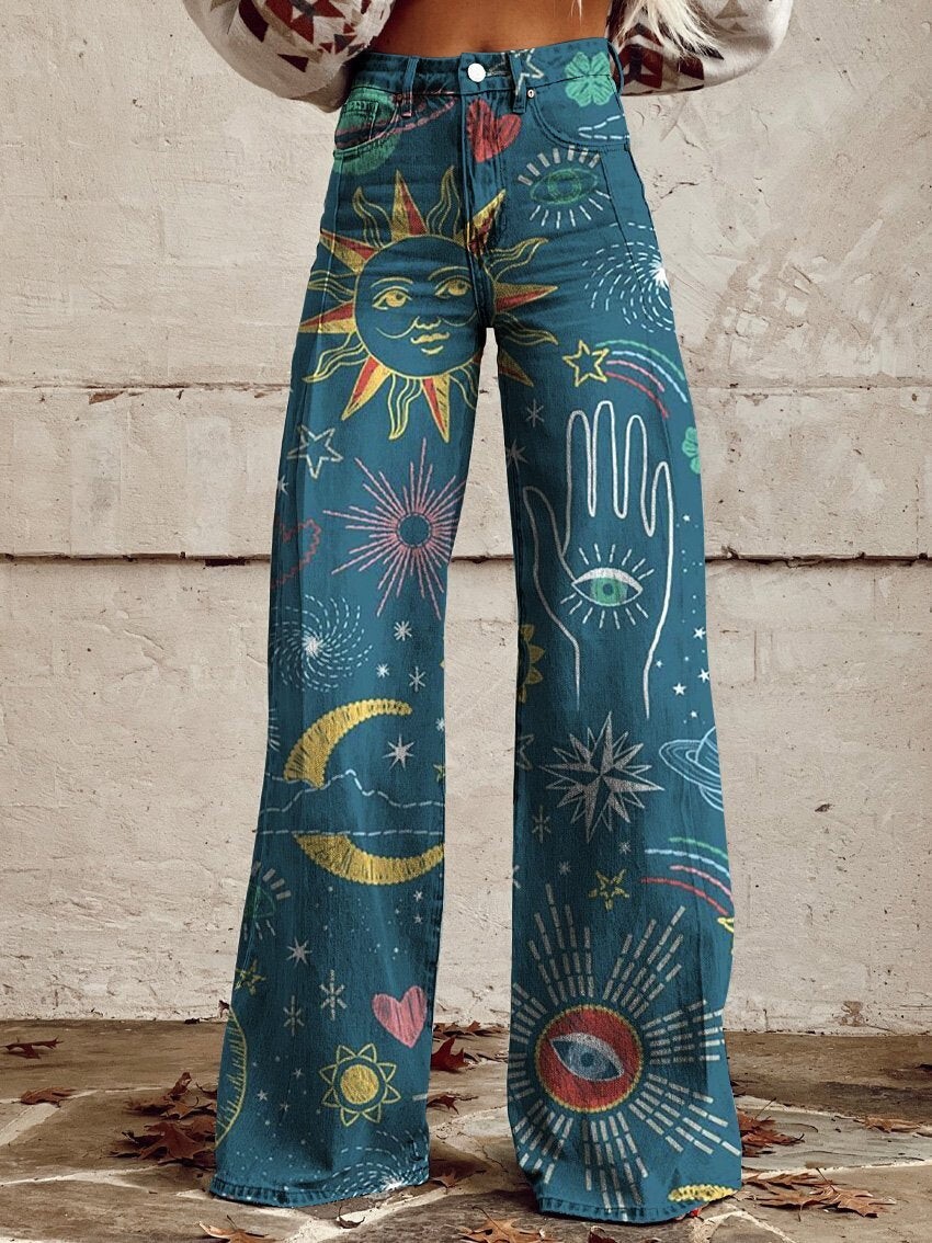 hot-selling 3D digital print faux denim wide-leg women's flared slim-fit long pants, not for individual purchase