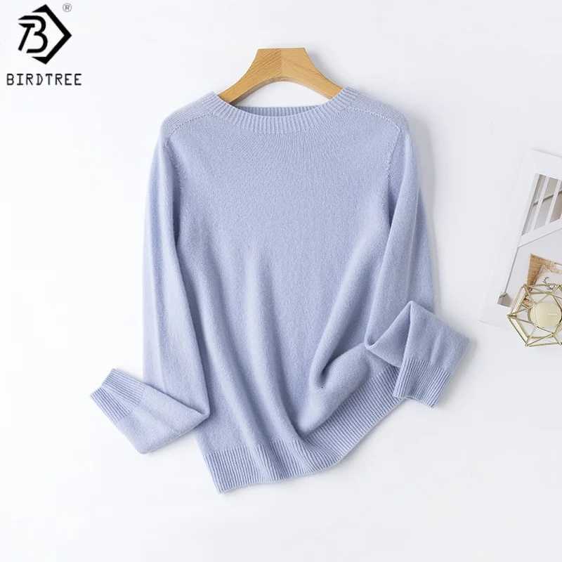 Women's Sweaters Birdtree 100% Sheep Wool Solid Knitwear Sweater Woman Seamless O-neck Full Sleeve Autumn Winter Loose Shirt Pullover T59311JF